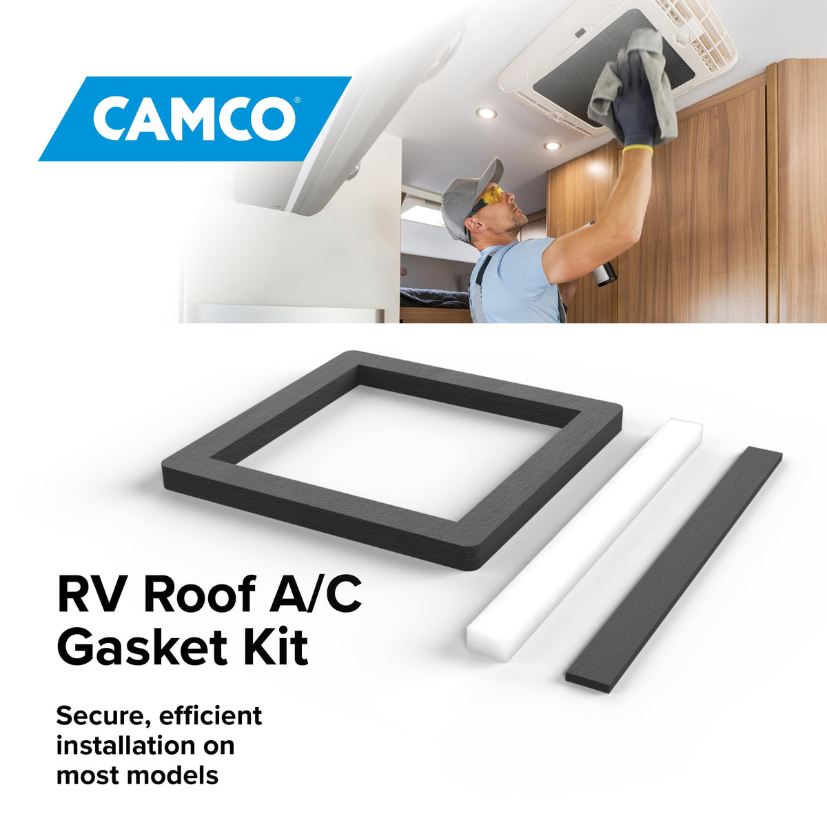 Camco leveling pads placed under AC unit ensuring proper alignment