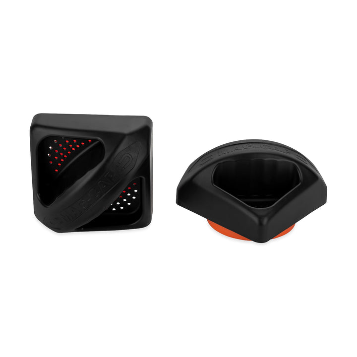Camco magnetic bumper cap front view showing black finish and magnet hold benefit
