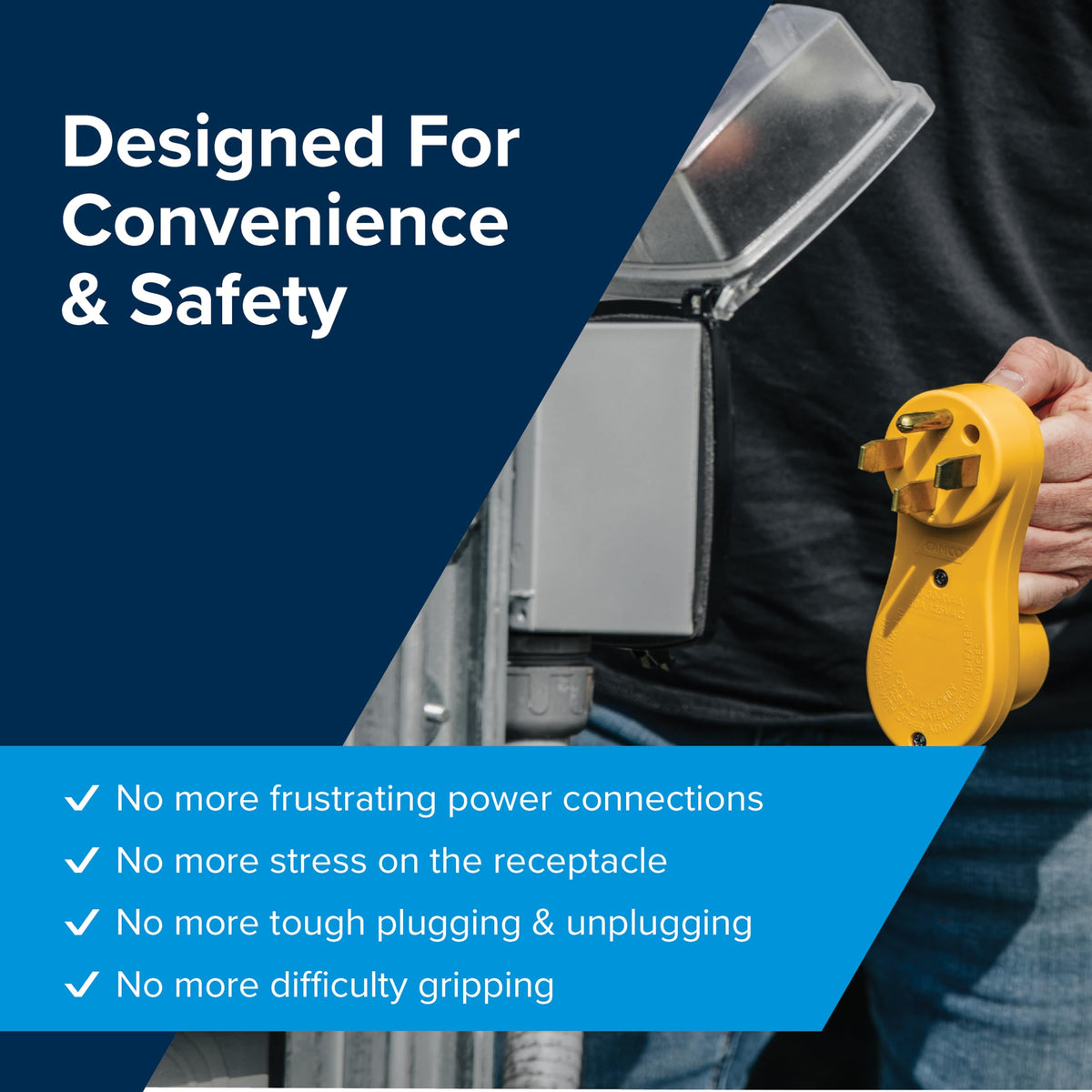 Camco offset design detail illustrating reduced cord strain and improved angle