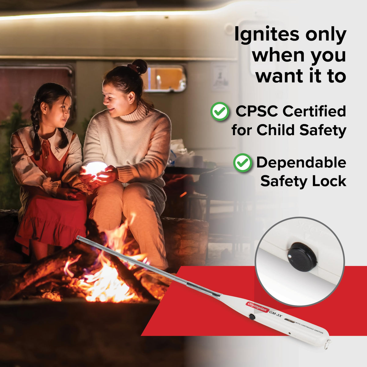 Camco Olympian GM-3X in use lighting a camping grill for reliable outdoor ignition