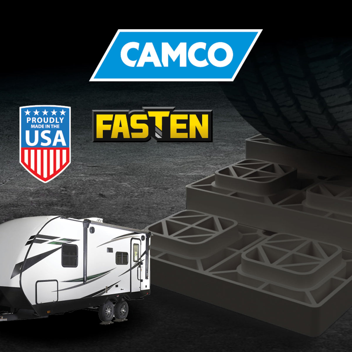 Camco leveling blocks in campsite scene demonstrating fast setup and improved stability