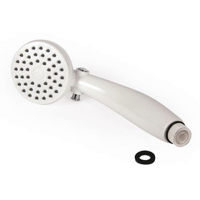 Camco front view of shower head showing spray face and broad coverage benefit