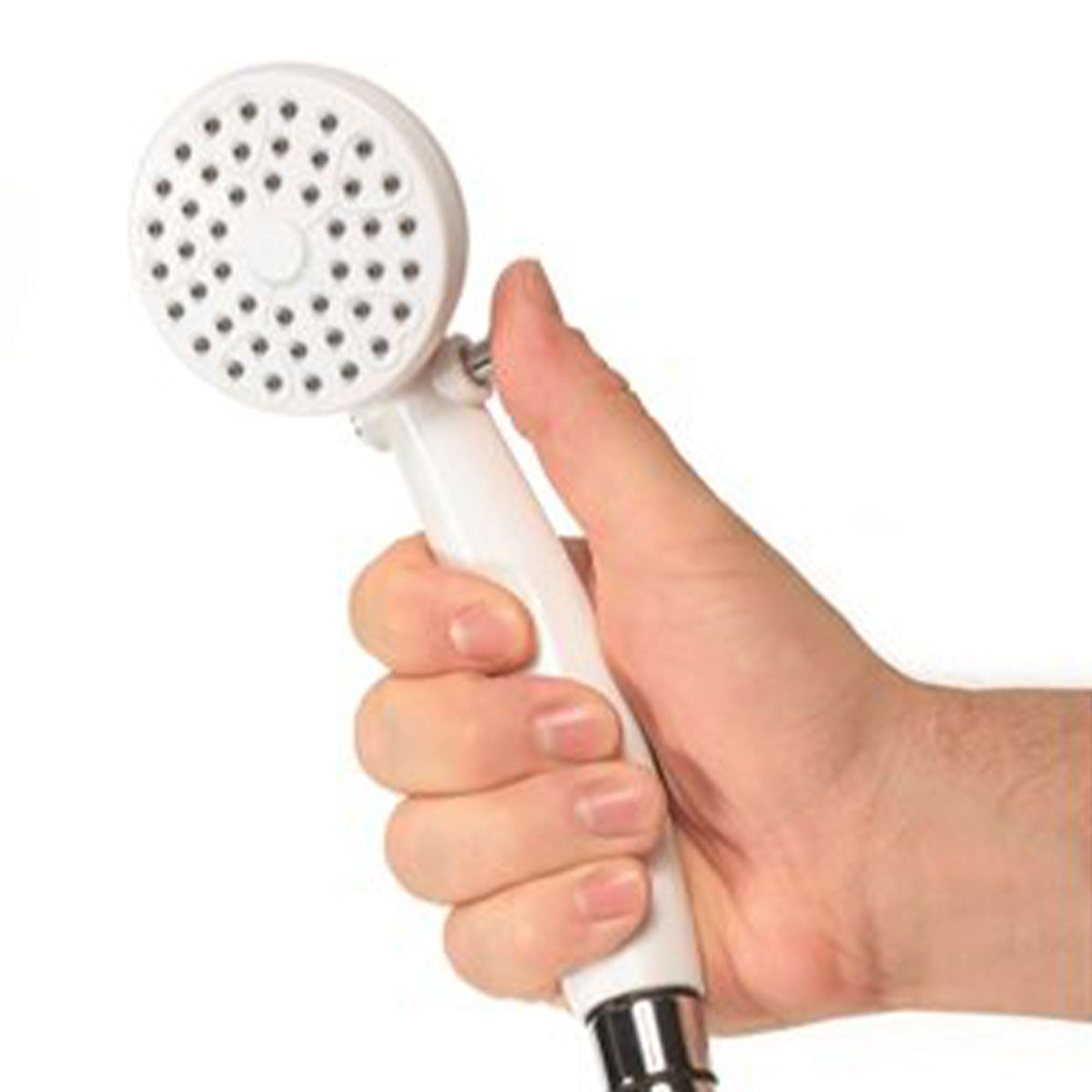 Camco shower head beside ruler showing dimensions and compact storage benefit