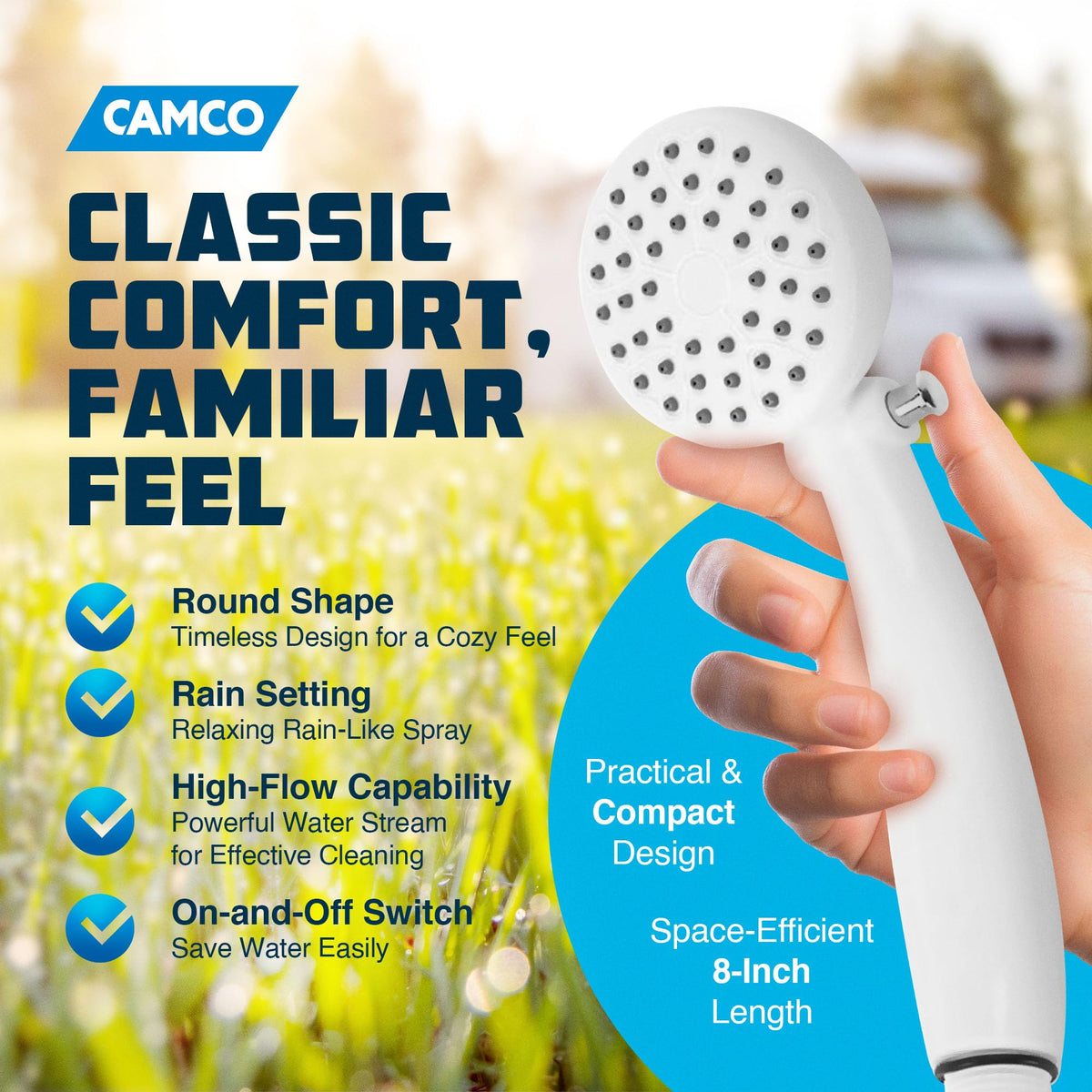 Camco side profile of shower head illustrating compact 8-inch length benefit