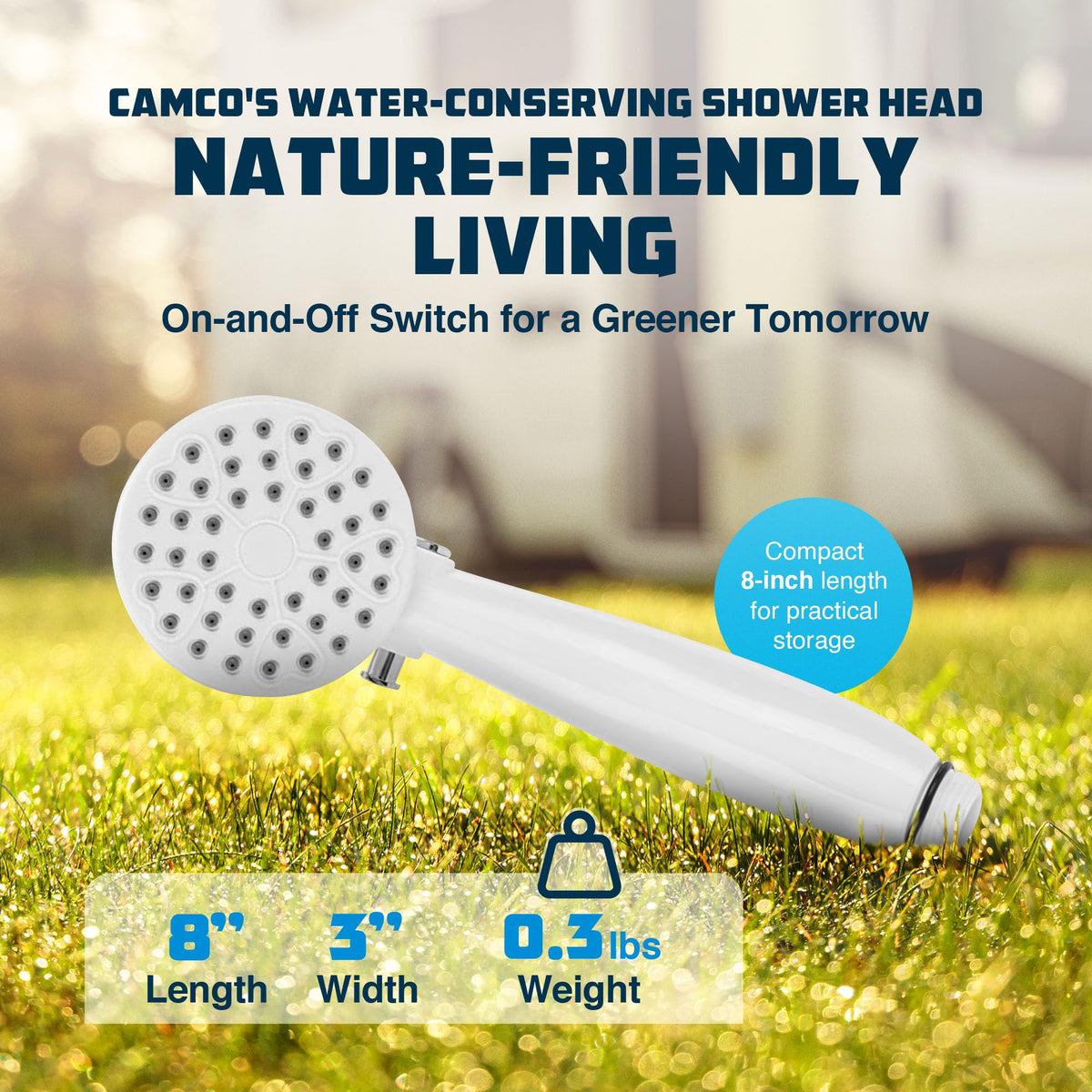 Camco close-up of the on-off switch enabling instant water control benefit
