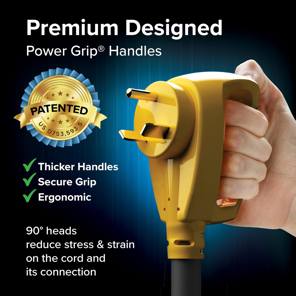 Camco Power Grip 90-degree head detail reducing plug stress and improving fit