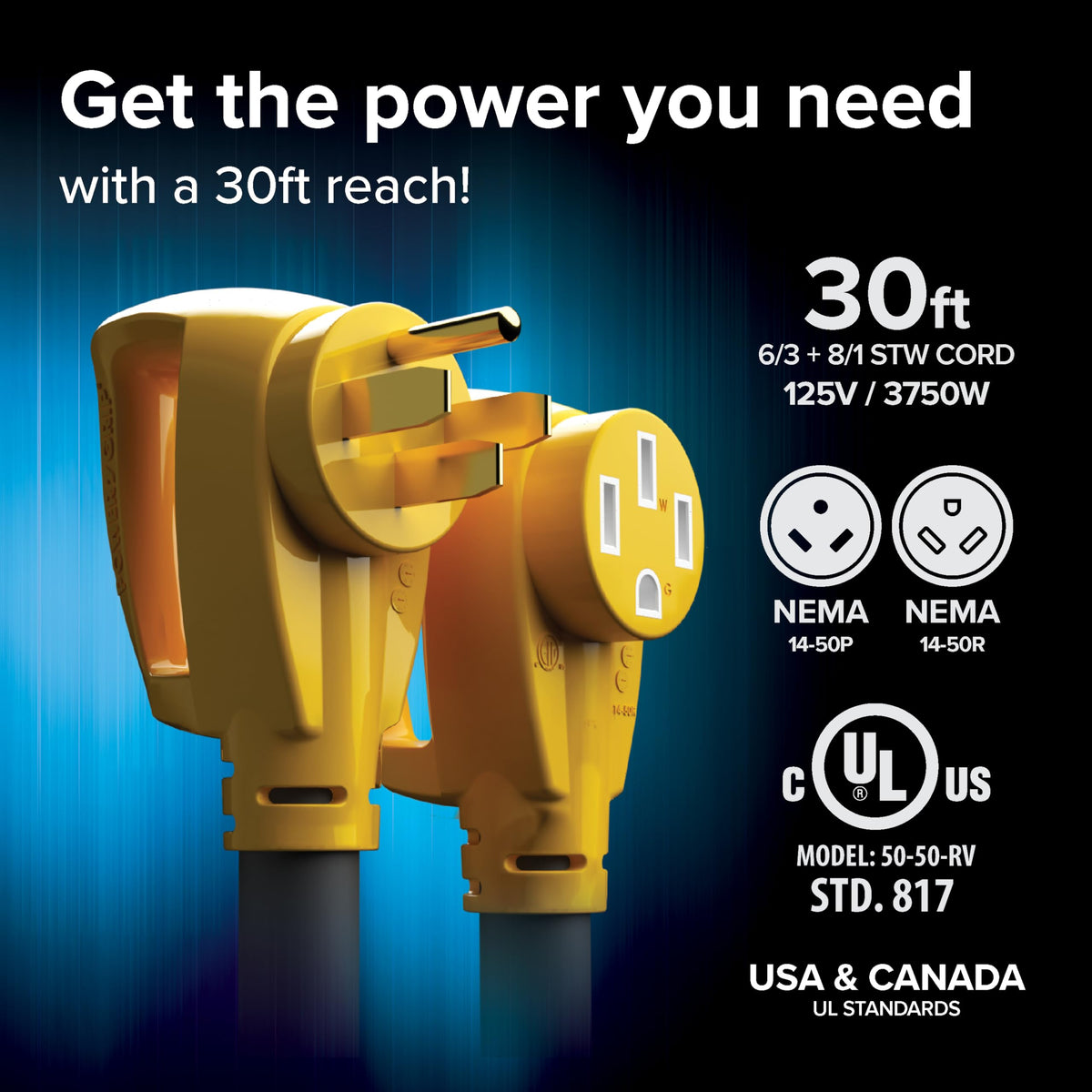 Camco 90° head in use demonstrating reduced strain on cord connections for durability