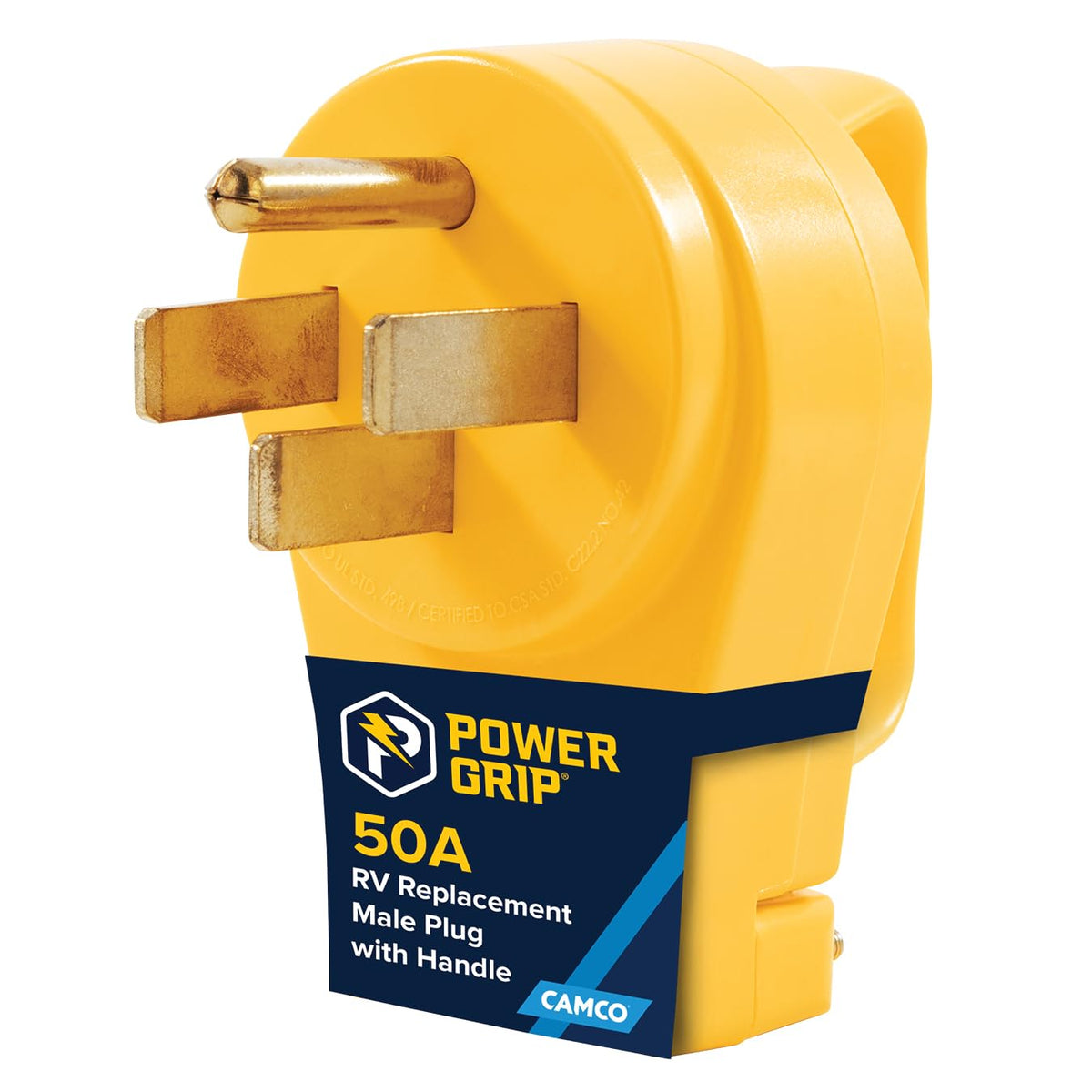 Camco front view of 50 amp plug showing durable housing and reliable connection benefit