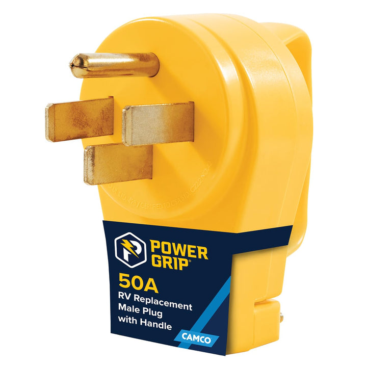 Camco front view of 50 amp plug showing durable housing and reliable connection benefit