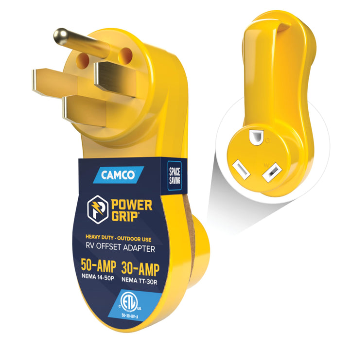 Camco front view of adapter showing plug face and handle for secure connections