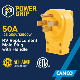 Camco close-up of Power Grip handle for easier plugging and reduced hand strain benefit