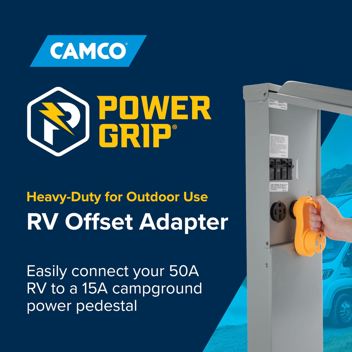 Camco Power Grip handle close-up with textured grip for effortless unplugging