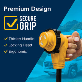Camco Power Grip connected to RV pedestal illustrating reliable outdoor power benefit