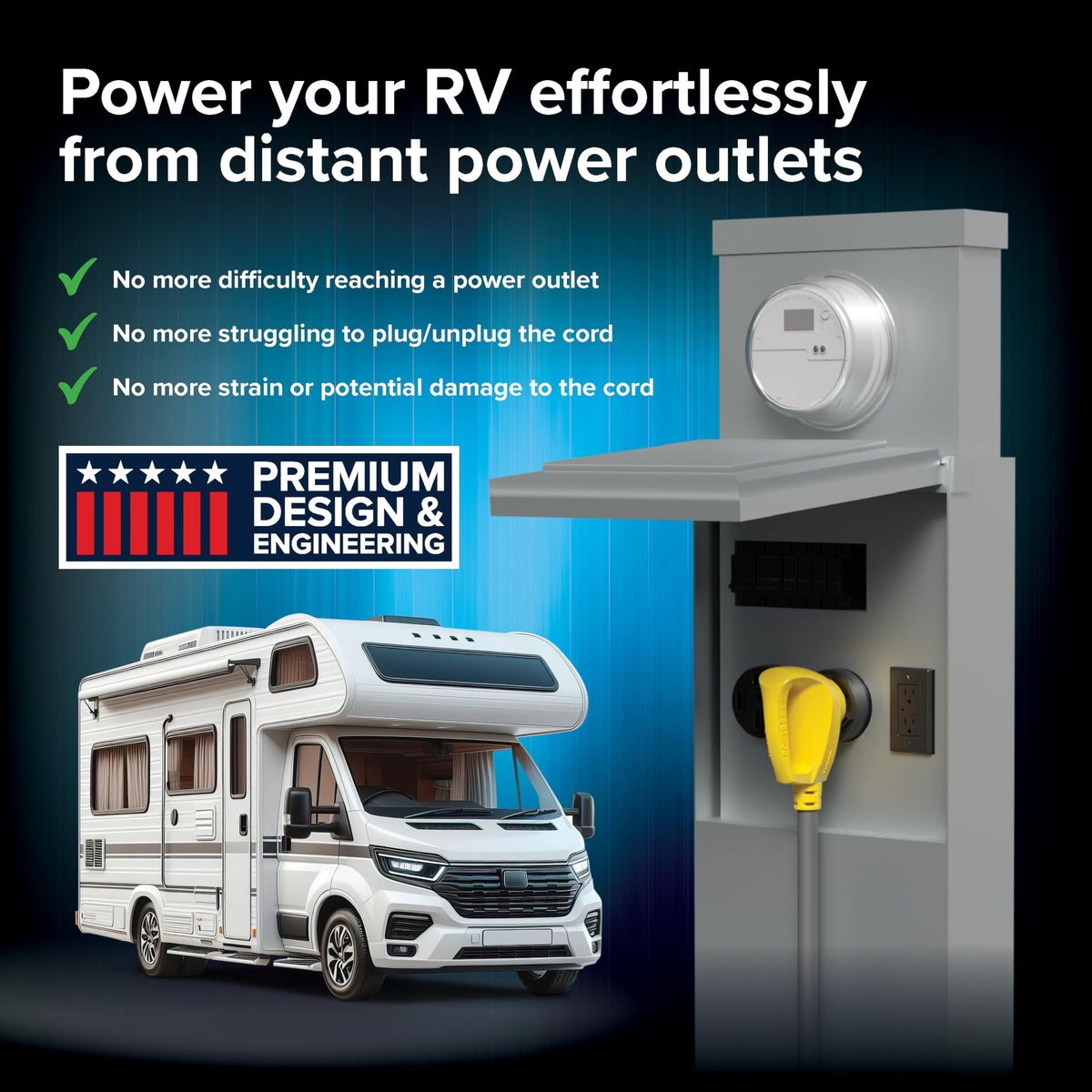 Camco Power Grip connected to RV pedestal demonstrating secure outdoor power