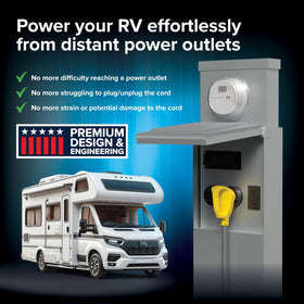 Camco Power Grip connected to RV pedestal demonstrating secure outdoor power