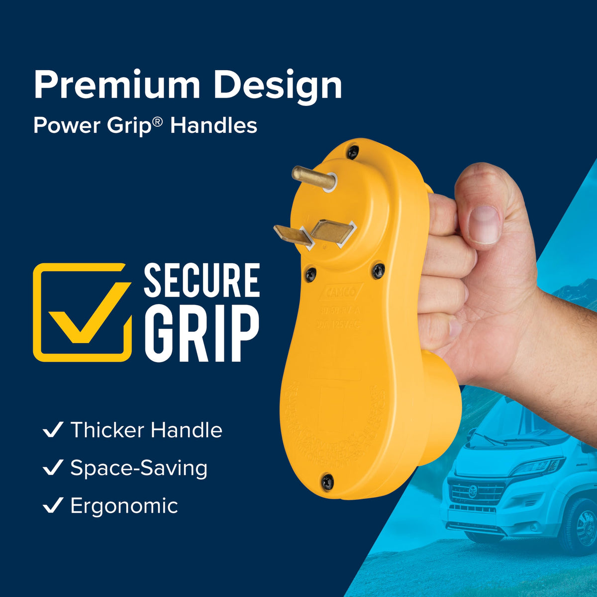 Camco adapter connected to a 50-amp RV cord for reliable power transfer