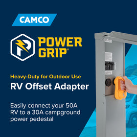 Camco handle close-up on adapter offering firm grip and easy unplugging