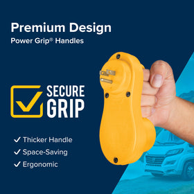 Camco Power Grip next to a hand showing compact size and portability