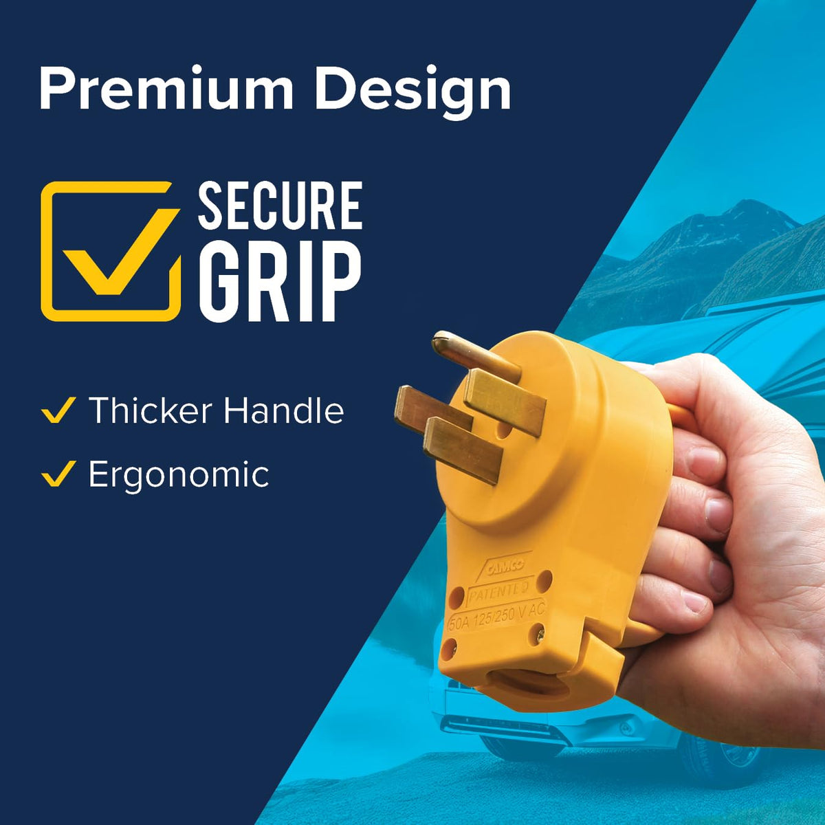 Camco plug beside tape measure showing compact size for easy storage and transport benefit