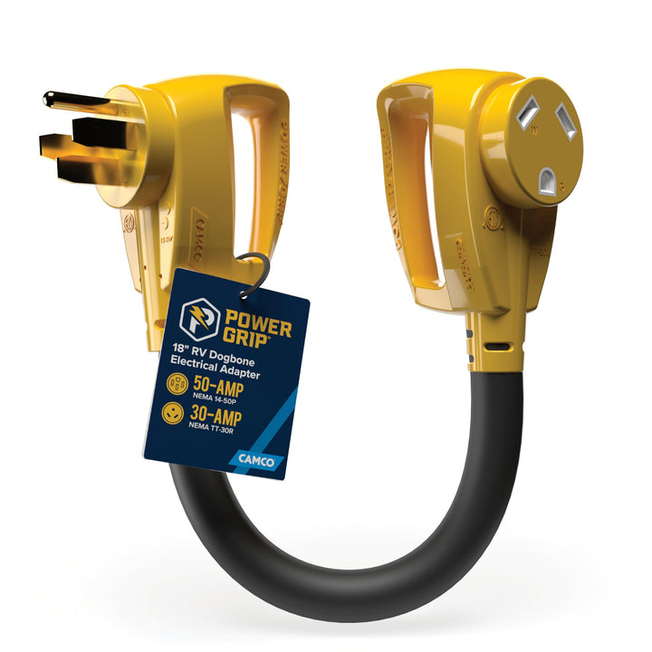 Camco PowerGrip front connection showing secure 50A to 30A mating and reliable contact