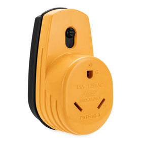 Camco PowerGrip front view showing two 5-15 plugs and single TT-30 outlet for secure connection
