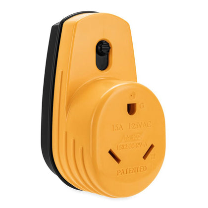 Camco PowerGrip front view showing two 5-15 plugs and single TT-30 outlet for secure connection