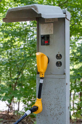 Camco PowerGrip handle close-up providing a secure grip for easy unplugging