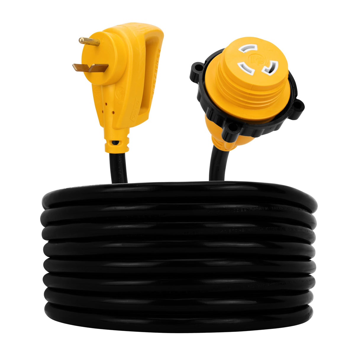 Camco PowerGrip connected to RV shore power demonstrating secure outdoor use