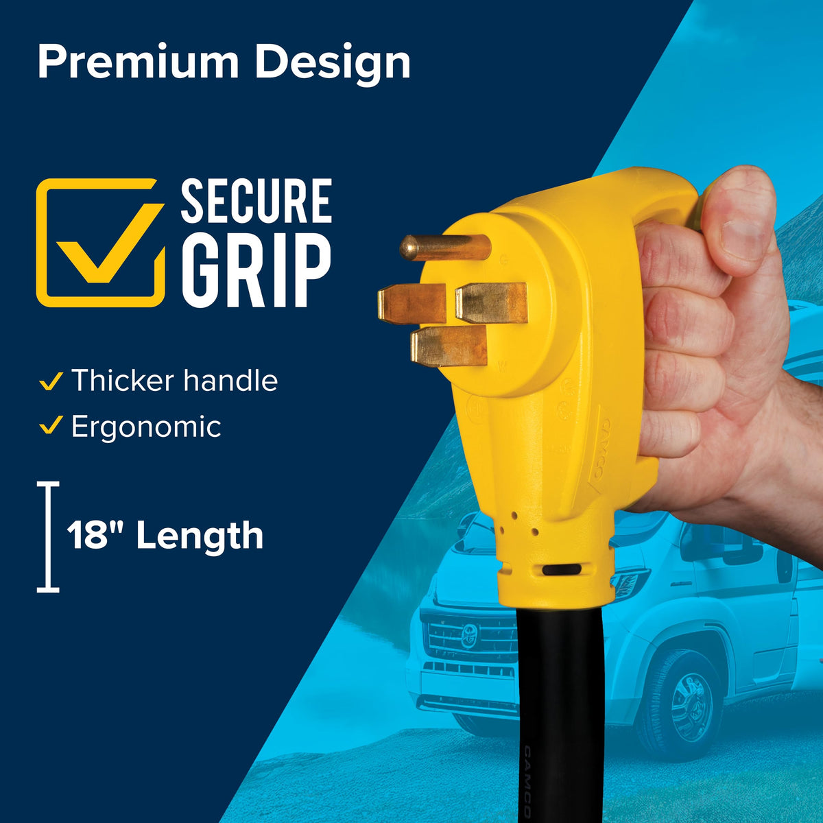 Camco PowerGrip connected at campground pedestal demonstrating safe power hookup