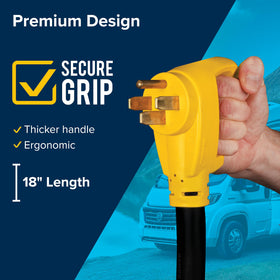 Camco PowerGrip connected at campground pedestal demonstrating safe power hookup