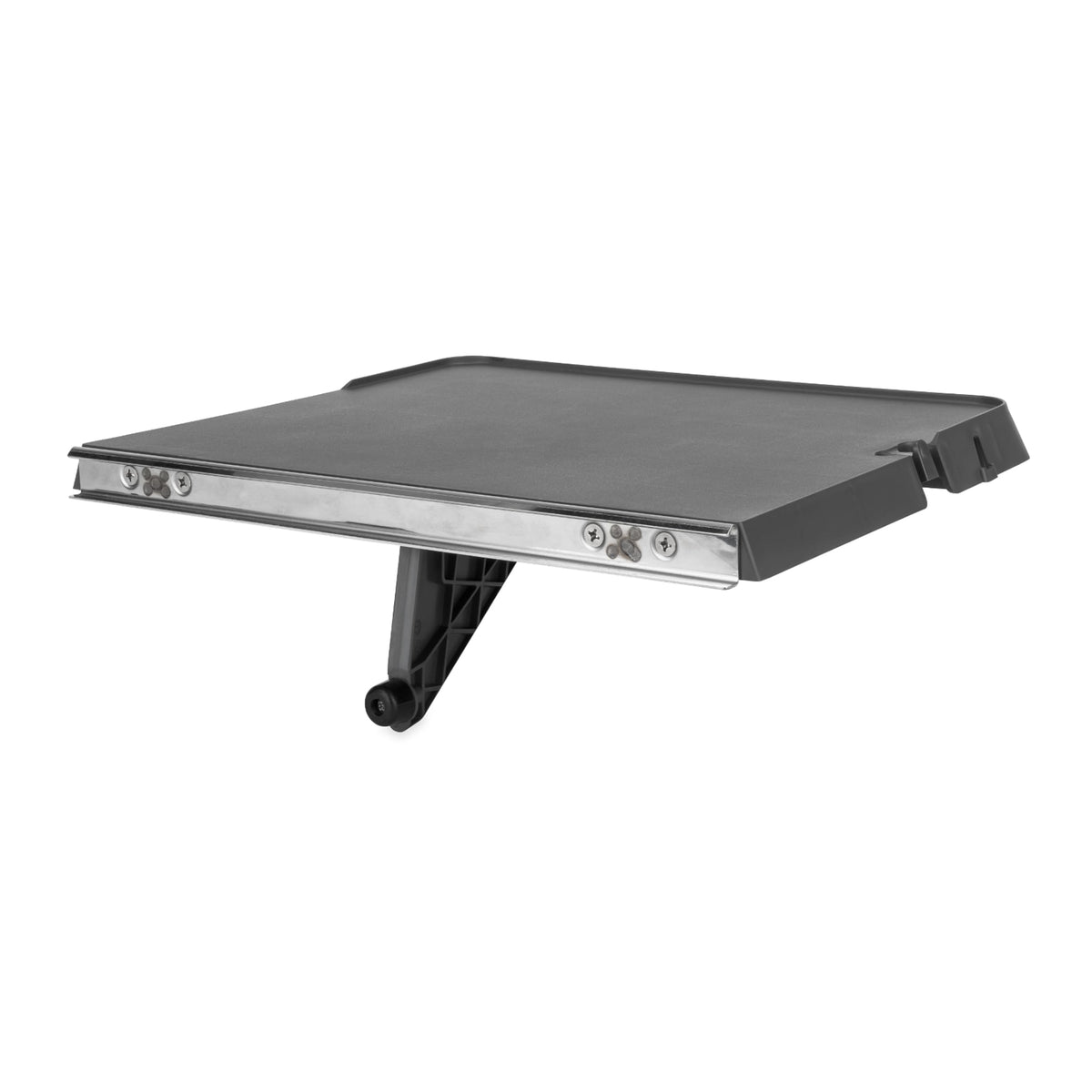 Camco front view of rail mount table showing flat surface and charcoal finish benefit organization