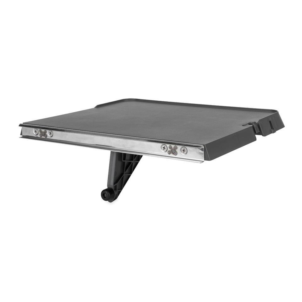 Camco front view of rail mount table showing flat surface and charcoal finish benefit organization