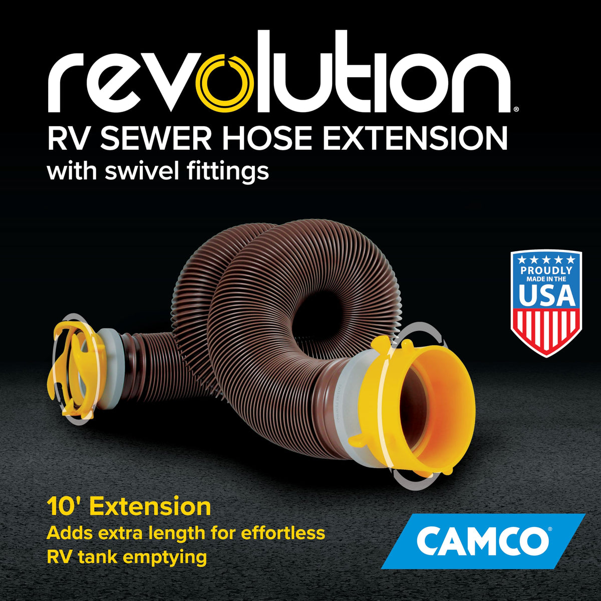Camco Revolution close-up of 360-degree swivel fittings enabling easy alignment