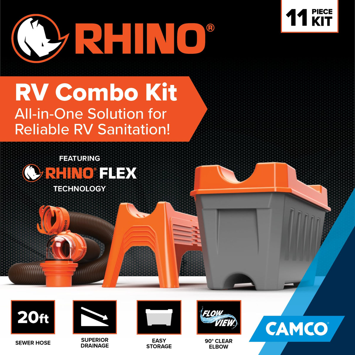 Camco 4-in-1 adapter and sewer caps displayed for versatile connections