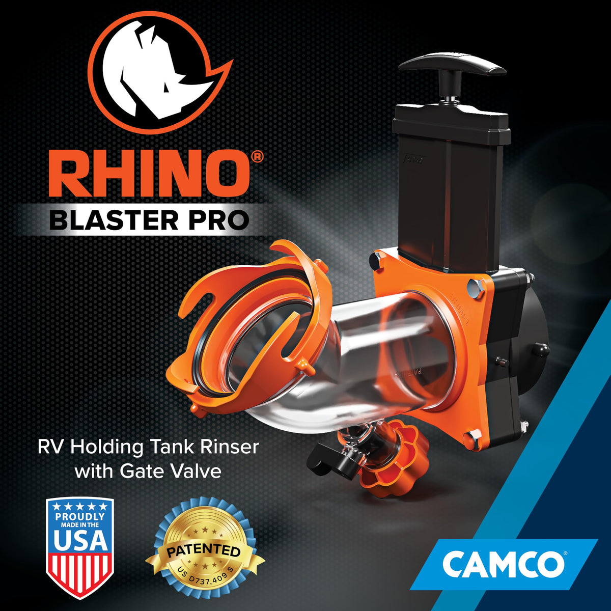 Camco Rhino Blaster clear elbow close-up revealing transparent elbow to verify clean water