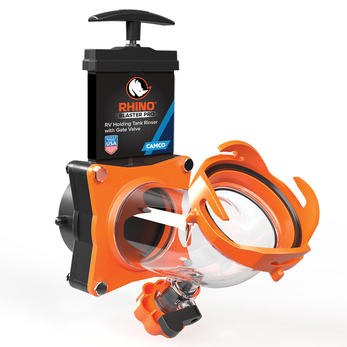 Camco Rhino Blaster front view showing fittings and durable construction for reliable rinsing