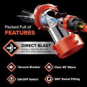 Camco Rhino Blaster rinsing an RV tank showing powerful spray for residue removal