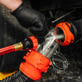 Camco Rhino Blaster at campsite attached to sewer outlet showing convenient maintenance benefit