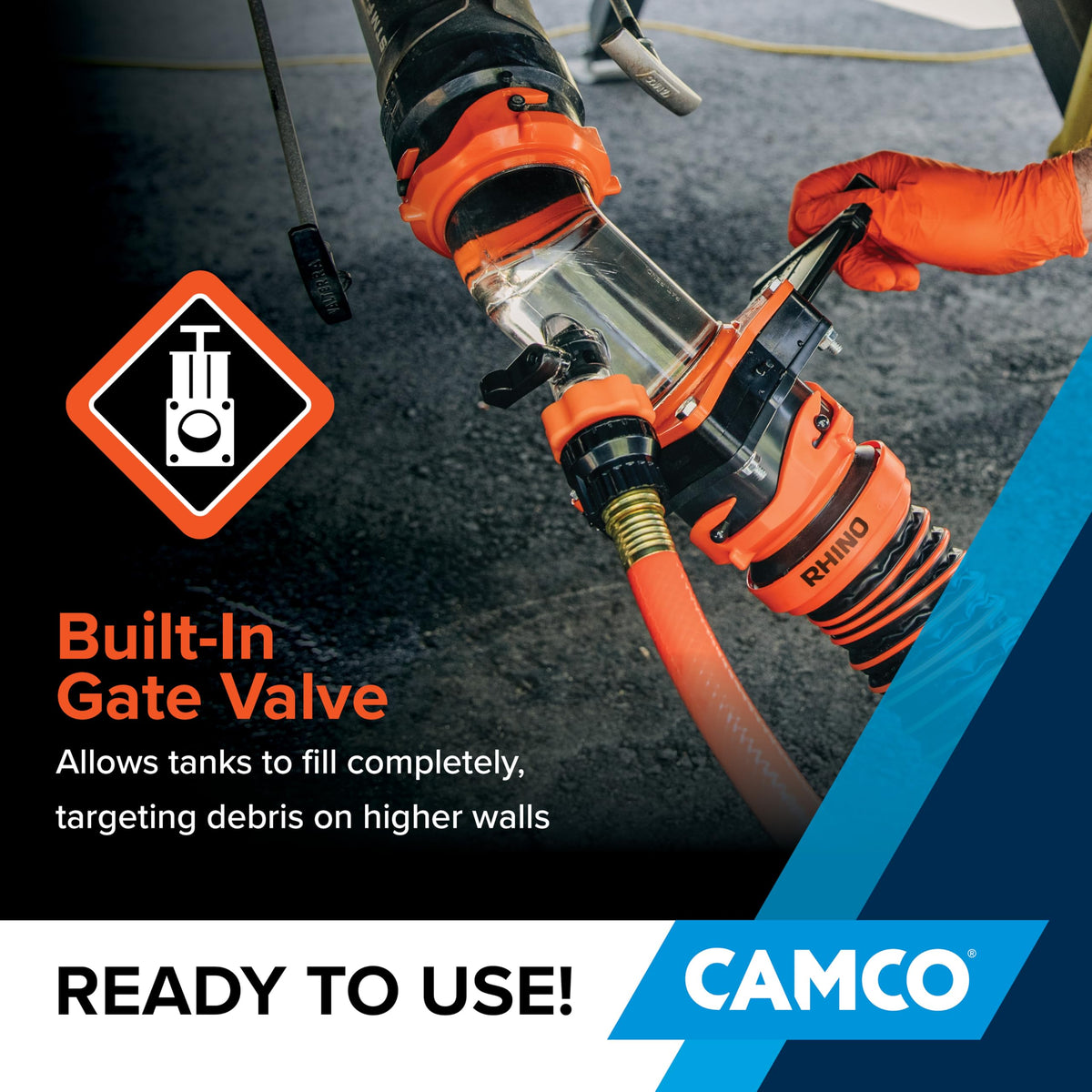 Camco Rhino Blaster size comparison with hand showing compact durable polycarbonate design