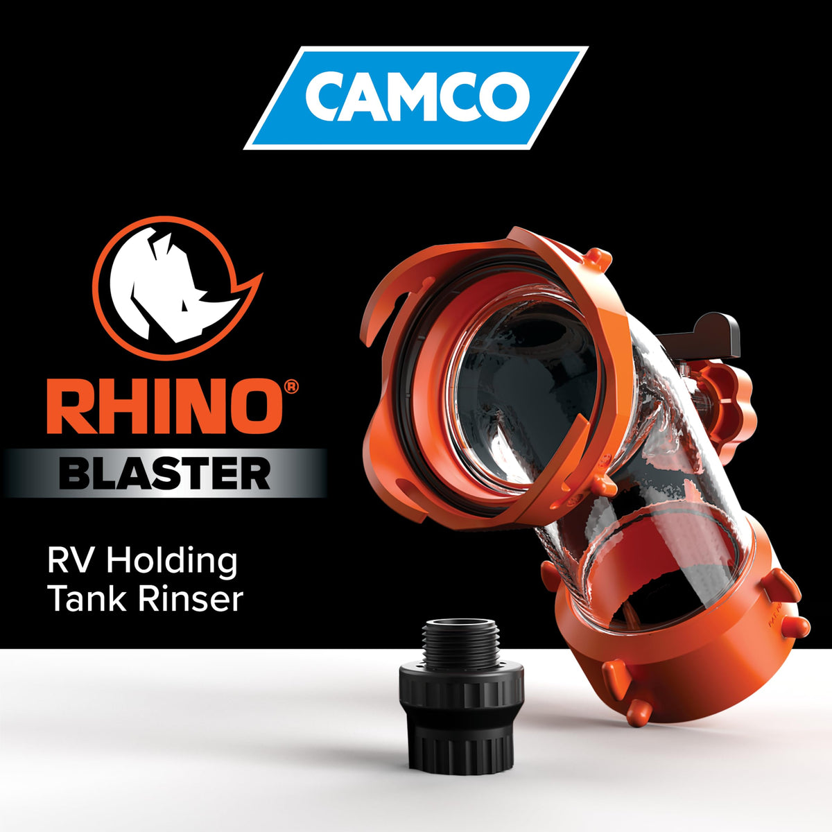 Camco Rhino Blaster next to RV hose showing scale and compatibility benefit
