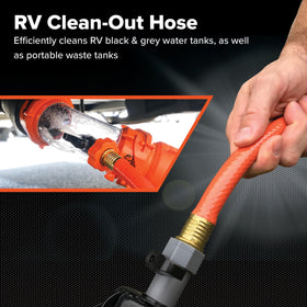 Coiled Camco Rhino 25ft hose laid out showing length and reach benefit