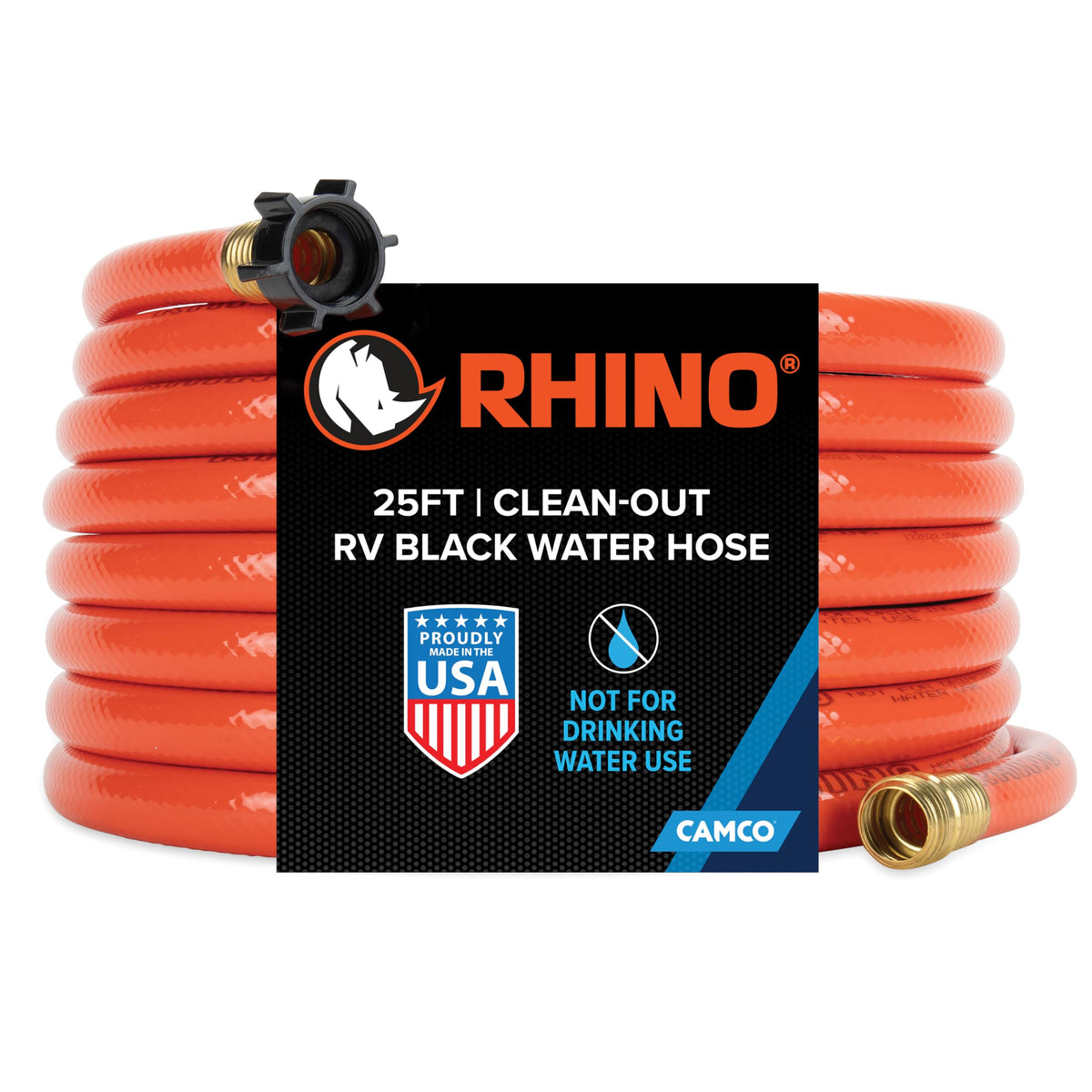 Camco Rhino front view showing bright orange hose and easy identification benefit