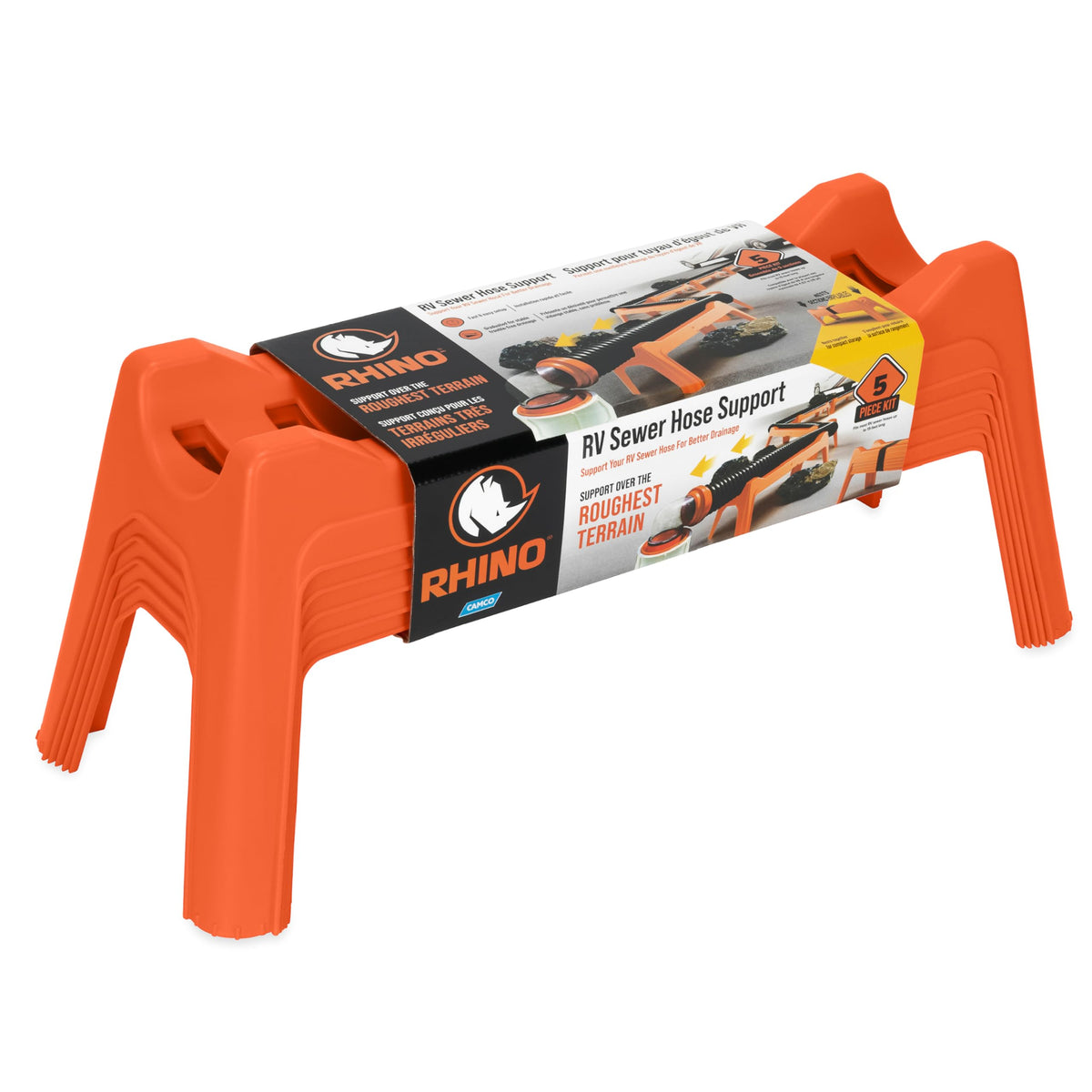 Camco Rhino front view showing five support sections and stable hose routing benefit