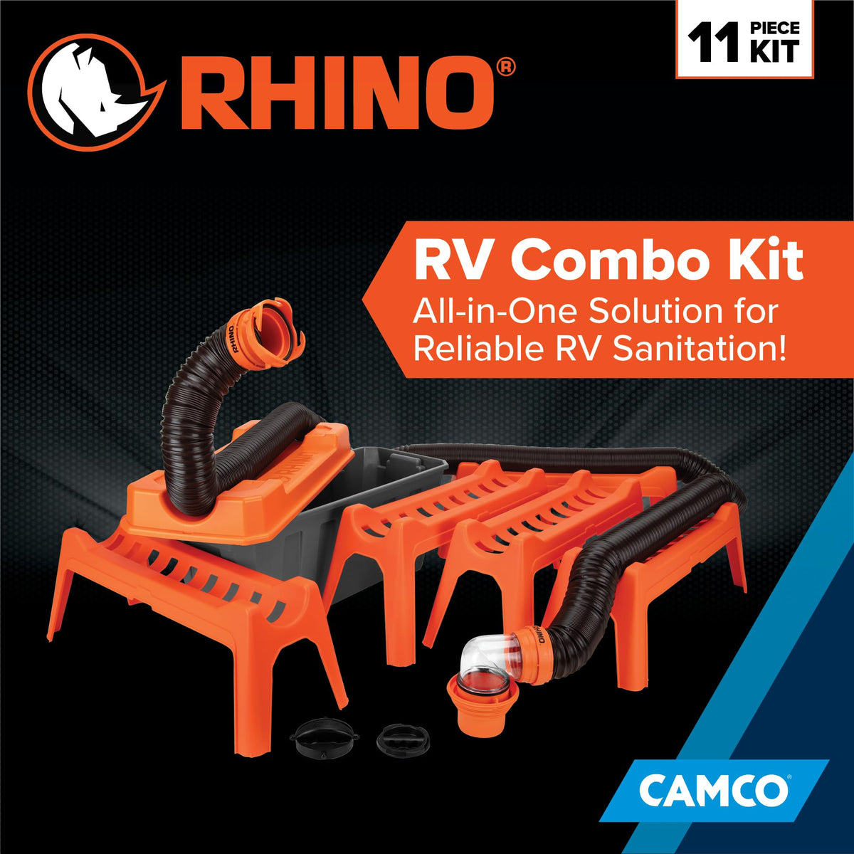 Camco close-up of RhinoFLEX hose texture showing durable bend resistance
