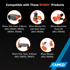 Camco Rhino material label close-up showing reinforced PVC and long-lasting durability benefit