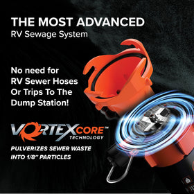 Camco Rhino macerator head close-up showing VortexCore blades and efficient pulverizing