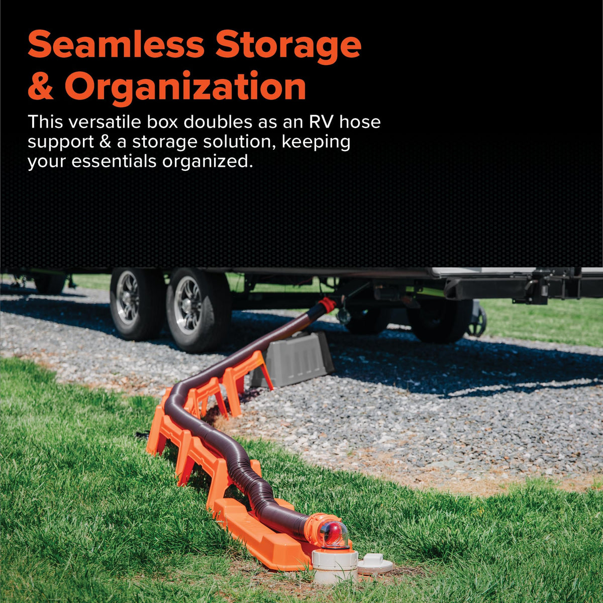 Camco nesting supports stacked and deployed to stabilize hose on terrain