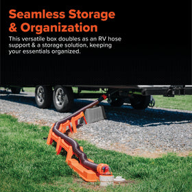 Camco nesting supports stacked and deployed to stabilize hose on terrain