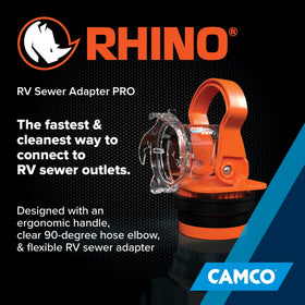 Camco Rhino next to standard RV hose showing compact scale and convenience
