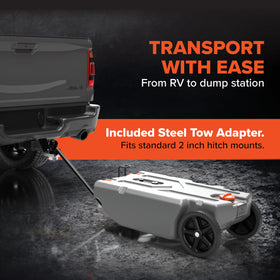 Camco Rhino next to a suitcase showing 28-gallon size and scale